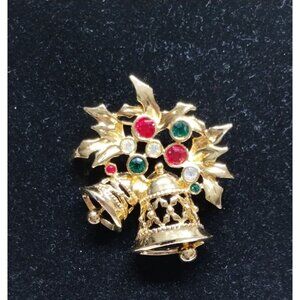 Avon Joyous Bell Gold Tone Christmas Bells & Holly Brooch with‎ Rhinestones